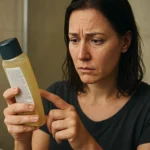 Žena skúma zloženie produktu v umyvárni, obavy z SLES