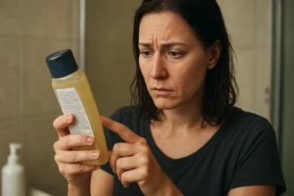 Žena skúma zloženie produktu v umyvárni, obavy z SLES