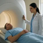 Pacient podstupuje MRI vyšetrenie s lekárom v zdravotníckom zariadení