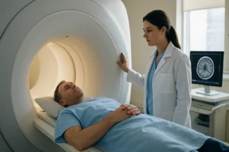 Pacient podstupuje MRI vyšetrenie s lekárom v zdravotníckom zariadení