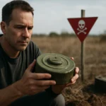 Muž skúma mínu na nebezpečnej oblasti s varovným signálom.