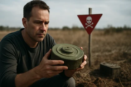 Muž skúma mínu na nebezpečnej oblasti s varovným signálom.