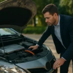 Muž skúma motor hybridného auta s otvoreným kapotom.