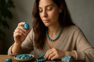 Žena s turkinitom v ruke a náhrdelníkom z turkinitu, meditujúca.