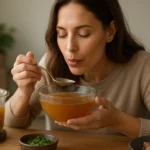 Žena si vychutnáva mäsový vývar v priehľadnej miske, na stole je aj zelenina.