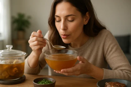 Žena si vychutnáva mäsový vývar v priehľadnej miske, na stole je aj zelenina.