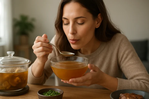 Žena si vychutnáva mäsový vývar v priehľadnej miske, na stole je aj zelenina.