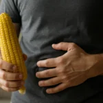 Muž drží kukuricu, ukazuje na zdravie pečene.