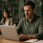 Mladý muž pracujúci na laptop v moderno zariadenej kancelárii.