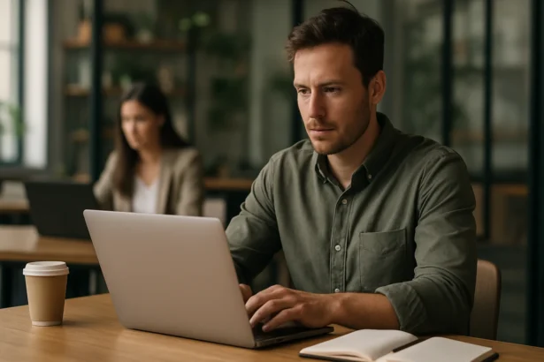 Mladý muž pracujúci na laptop v moderno zariadenej kancelárii.