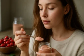 Žena drží lyžicu s práškom z ružových šípiek pred sebou.