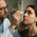 Oftalmológ aplikuje kvapky na rozšírenie zreničiek pacientke.