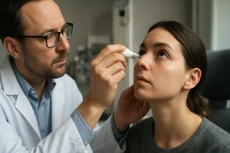 Oftalmológ aplikuje kvapky na rozšírenie zreničiek pacientke.