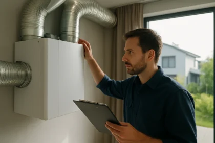 Muž kontroluje automatický ventilačný systém v modernom dome.