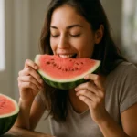 Žena vychutnávajúca si šťavnatý melón v kuchyni