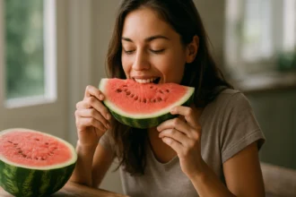 Žena vychutnávajúca si šťavnatý melón v kuchyni