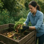 Žena doplňuje kompost s kuchynským odpadom v záhrade.