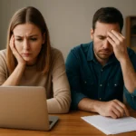 Zamyslený pár s laptopom, diskutujúci o blogovaní a jeho výhodách a nevýhodách.