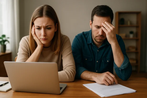 Zamyslený pár s laptopom, diskutujúci o blogovaní a jeho výhodách a nevýhodách.