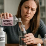 Žena nalieva izopropylalkohol do fľaše so zamysleným výrazom.