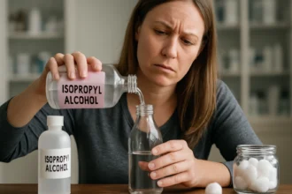 Žena nalieva izopropylalkohol do fľaše so zamysleným výrazom.