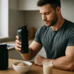 Muž pripravuje bielkovinový nápoj v kuchyni pre lepší výkon a regeneráciu.