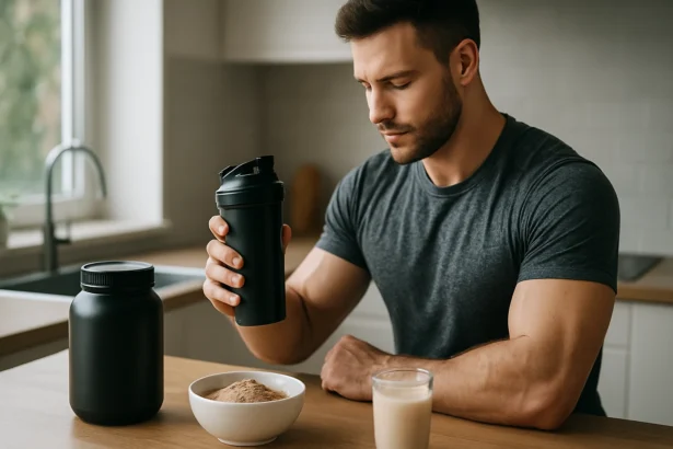 Muž pripravuje bielkovinový nápoj v kuchyni pre lepší výkon a regeneráciu.