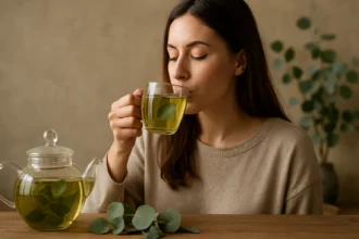 Žena vychutnáva eukalyptový čaj s listami v pohári.