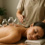 Žena zažíva baňkovanie na chrbte s poháre na masáži.