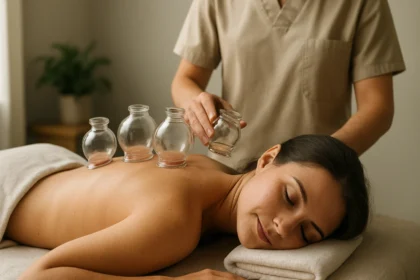 Žena zažíva baňkovanie na chrbte s poháre na masáži.