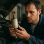 Technik skúma palivový filter pri kontrole automobilu