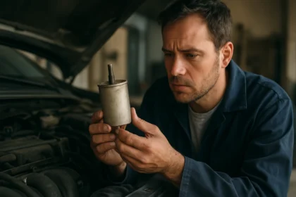 Technik skúma palivový filter pri kontrole automobilu