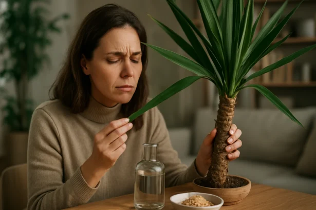 Žena skúma list yuccy s liečivými účinkami na zdravie.