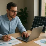 Muž pracujúci na energetickom manažmente s grafmi a solárnym panelom