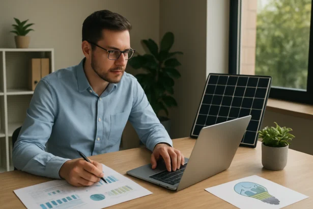 Muž pracujúci na energetickom manažmente s grafmi a solárnym panelom