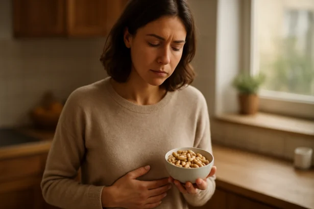 Žena drži misku s kešu orechmi a má tráviace ťažkosti.