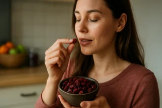 Žena si vychutnáva sušené červené brusnice z misky.