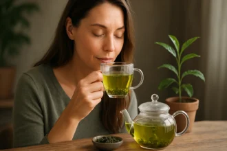 Žena vychutnáva zelený čaj s relaxačným úsmevom.