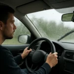 Muž šoféruje auto s dažďovými kvapkami na okne