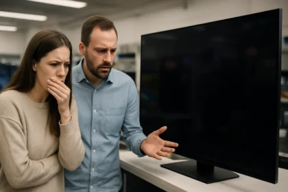 Pár diskutuje o problémoch s OLED TV v obchode.