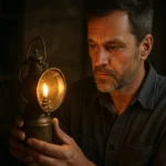 Muž s karbidovou lampou osvetľujúcou tmu.