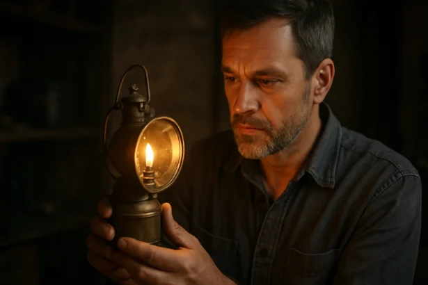 Muž s karbidovou lampou osvetľujúcou tmu.
