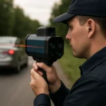 Policajt merajúci rýchlosť vozidla pomocou laserového zariadenia.
