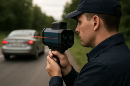 Policajt merajúci rýchlosť vozidla pomocou laserového zariadenia.