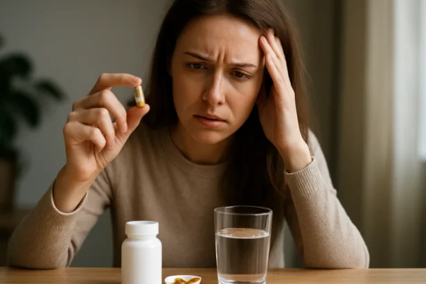 Žena s nedostatkom energie a vitamínu B6, zvažuje doplnok.