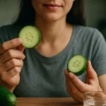 Žena drží plátky uhorky a pohár vody na drevenom stole.