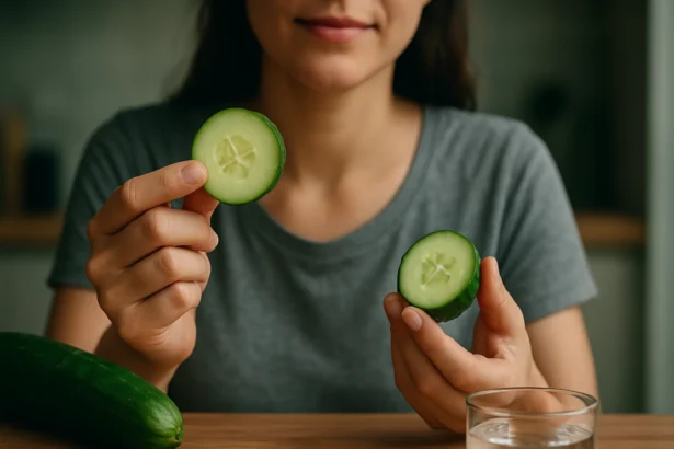 Žena drží plátky uhorky a pohár vody na drevenom stole.