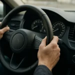 Ruky na volante moderného vozidla ovládaného senzorom uhla riadenia.