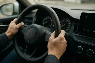 Ruky na volante moderného vozidla ovládaného senzorom uhla riadenia.