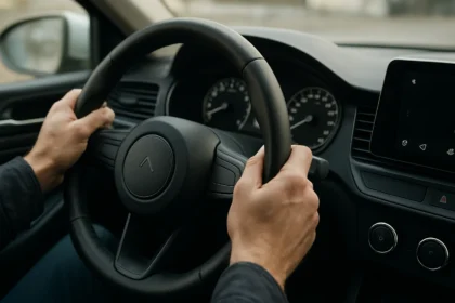 Ruky na volante moderného vozidla ovládaného senzorom uhla riadenia.